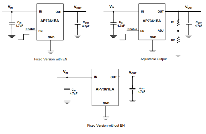应用电路图 - Diodes Incorporated AP7361EA 1A线性稳压器